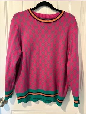 Bright Pink Patterned Crewneck Sweater with Green Trim